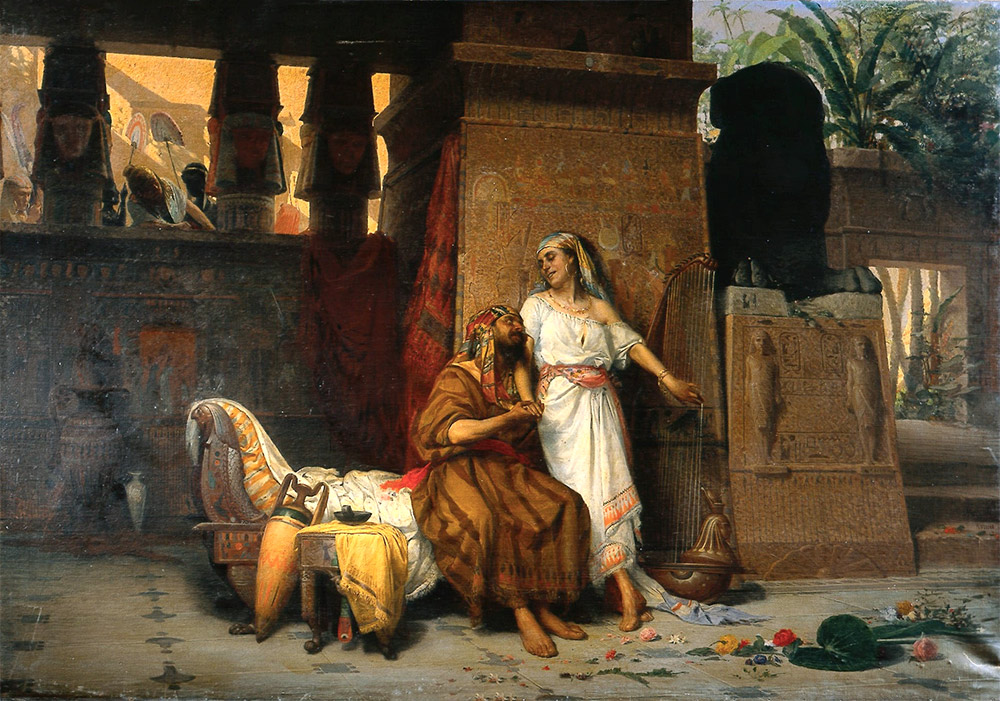 Pintura de Abraão e Sara no palácio do faraó, retratando o momento em que Sara é levada à corte egípcia enquanto Abraão aparece em atitude de tensão e submissão, em ambiente luxuoso do Antigo Egito.