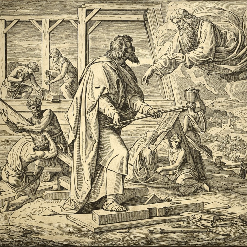 Ilustração em estilo de gravura clássica mostra Noé orientando a construção da arca enquanto trabalhadores constroem a estrutura sob a direção de Deus.