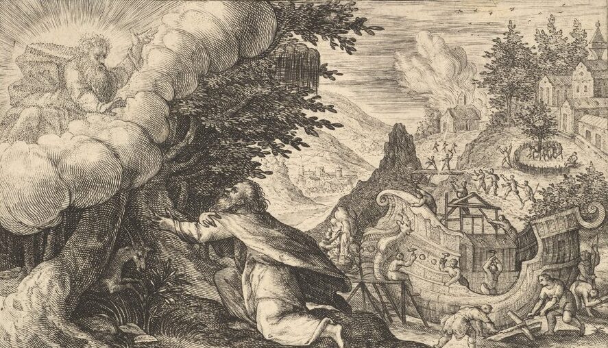 Noé ajoelhado diante de Deus enquanto a construção da arca acontece ao fundo, representando uma fé que produz frutos ao longo do tempo.