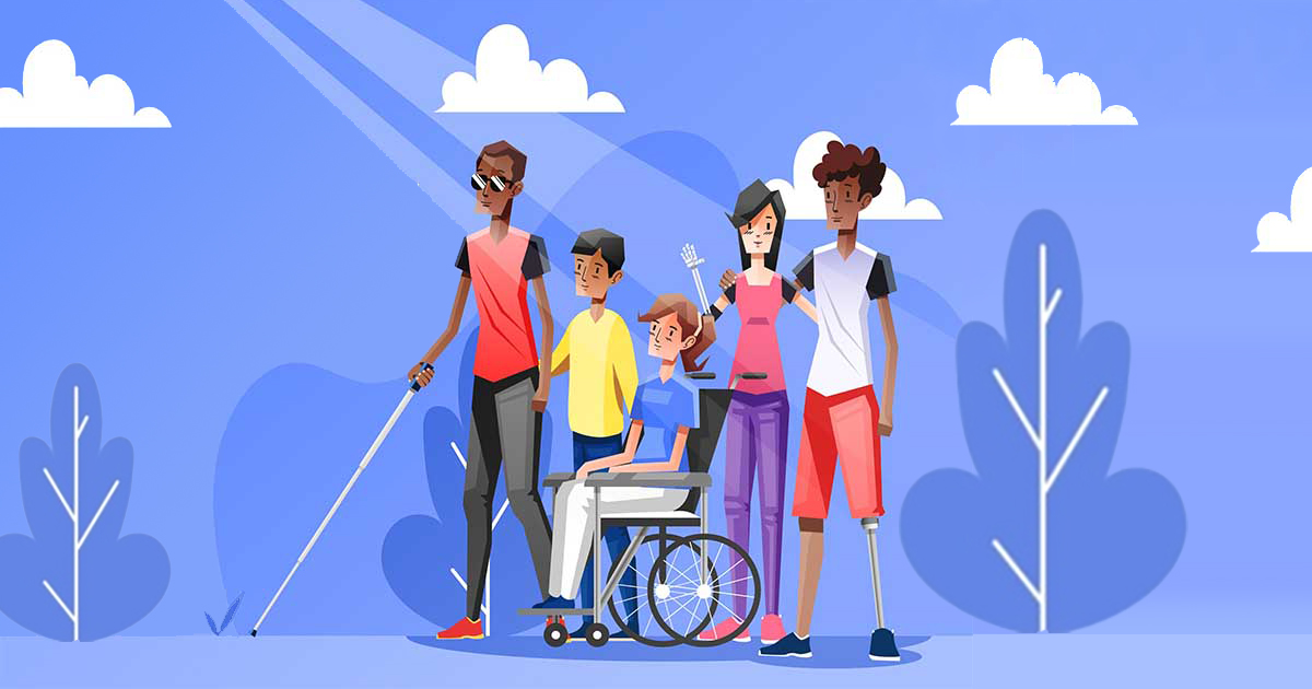 Ilustração de pessoas com deficiência utilizando recursos de tecnologia assistiva.